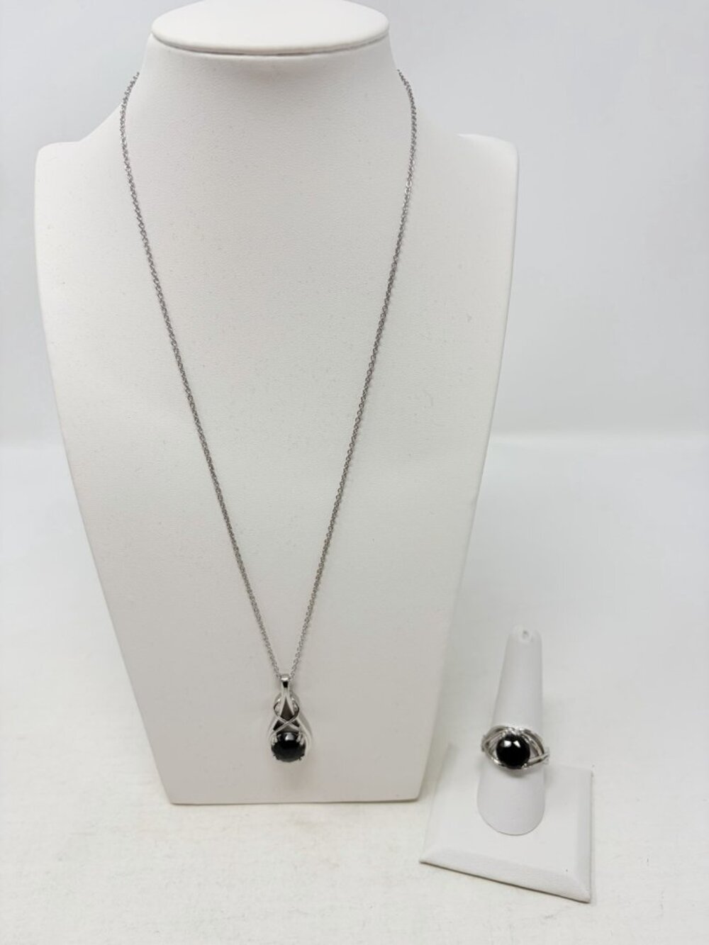 Shop LC Black Onyx Stainless Steel Size 9 Ring and Pendant with Chain 5474